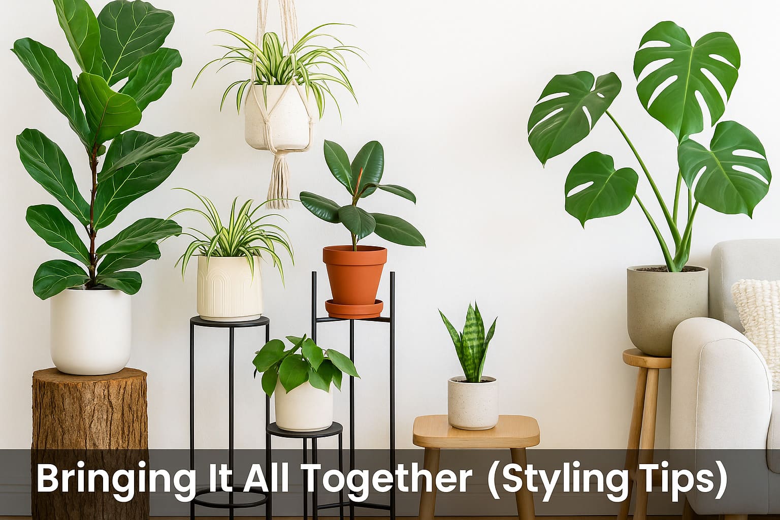 Indoor plant styling using a mix of stands, including wood, metal, and macram,e for a vibrant home decor setup – Urban Plant